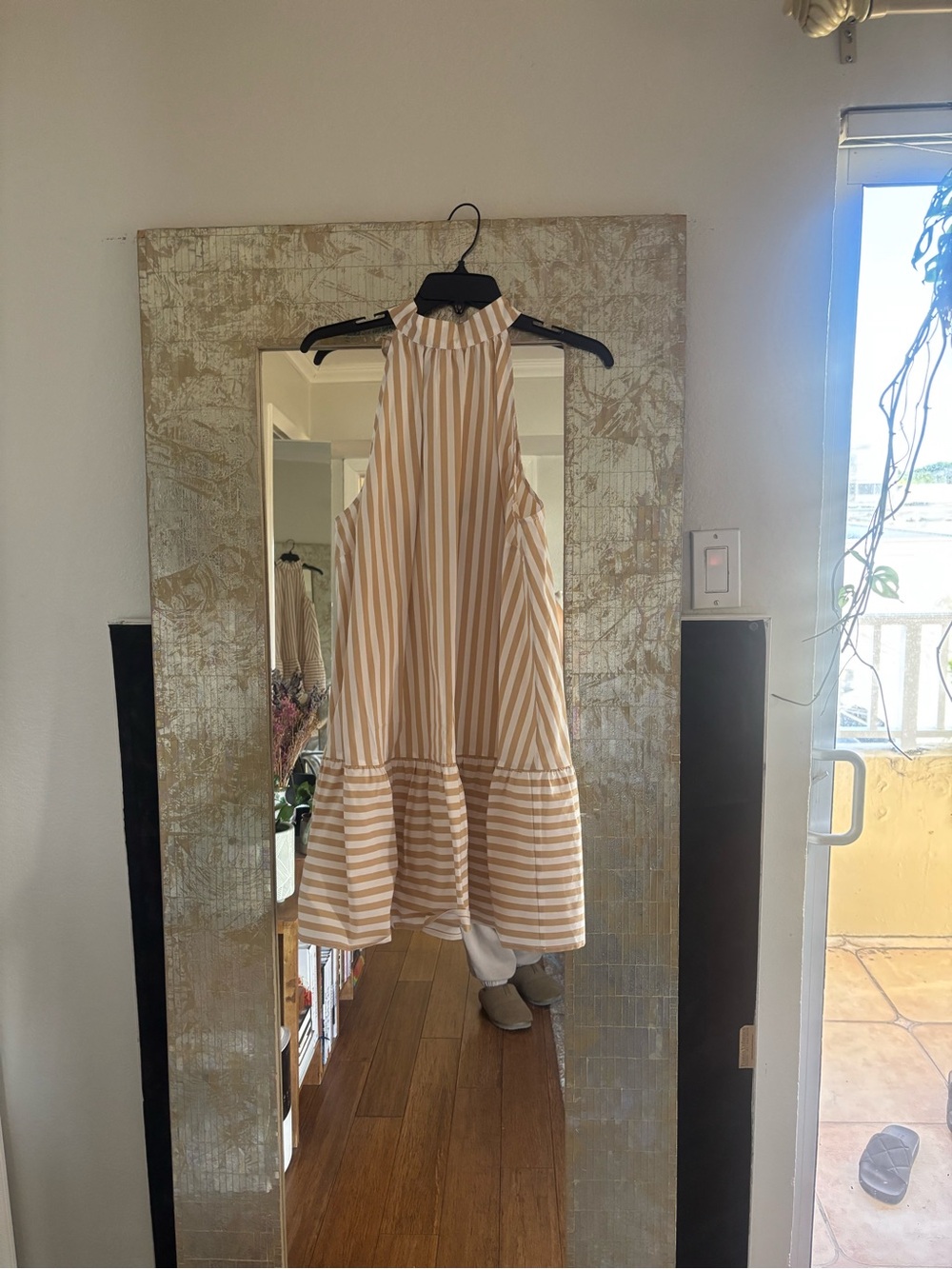 STAUD Beige and White Striped Halter Mini Dress